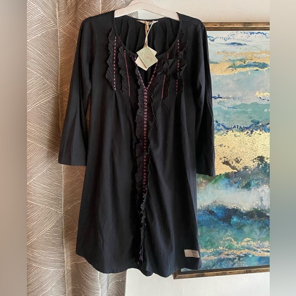 Odd Molly Dress Womens Sz 0 Dark Gray Tunic 100% Cotton Embroidered NWT